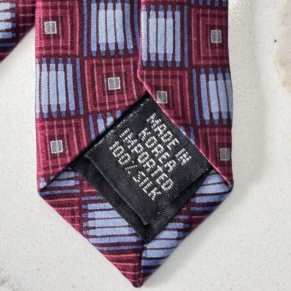CRAZY HORSE Men's Burgundy Blue Geometric Oxford Tie Necktie 100% Silk Classic